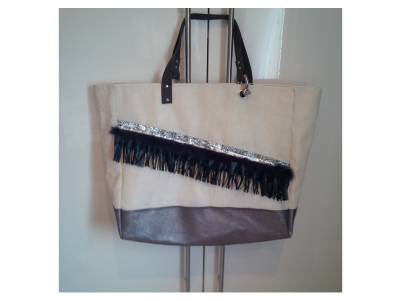PETIT SAC DE PLAGE FOND CUIR GRIS PAILLETTE GALON FOURRURE MARINE ET PAILLETTES ARGENT PETIT SAC DE PLAGE FOND CUIR GRIS PAILLETTE GALON FOURRURE MARINE ET PAILLETTES ARGENT