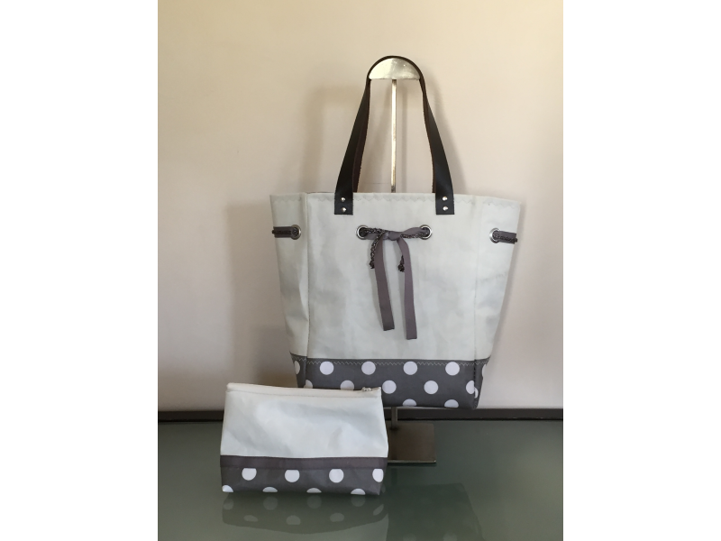 MINI SAC FOND COTON ENDUIT TAUPE POIS BLANCS GALON TAUPE MINI SAC FOND COTON ENDUIT TAUPE POIS BLANCS GALON TAUPE